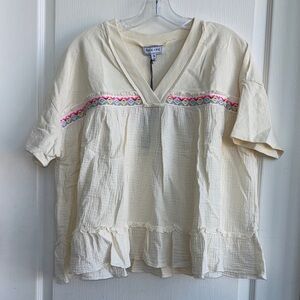 Cream Gauze V-Neck Tunic with Pink & Multicolor Embroidery